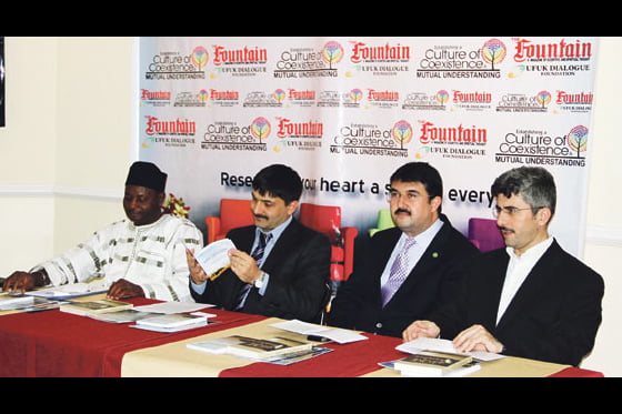 Prof. Mohammed A. T. Suleiman, Mr. Hakan Yeşilova, editor-in-chief of The Fountain magazine, Mr. Tamer Çopuroğlu, president of the Ufuk Dialogue Foundation and Mr. Yavuz Zemheri from the conference secretariat at a press conference at the Ufuk Dialogue Foundation’s Abuja headquarters on Wednesday, 16 Nov. 2011. (From left to right)
