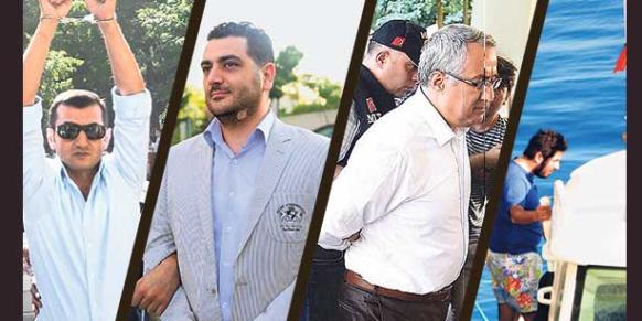 Former head of the İstanbul Police Department cyber crimes unit Hayati Başdağ (L-1), police officer Hikmet Kopar (L-2) and former İstanbul counterterrorism unit head Yurt Atayün (L-3) were detained in handcuffs during the pre-dawn operation against dozens of police officers, while Iranian mogul Reza Zarrab (R), a prime suspect in the Dec. 17 corruption scandal, was photographed on vacation in Bodrum.