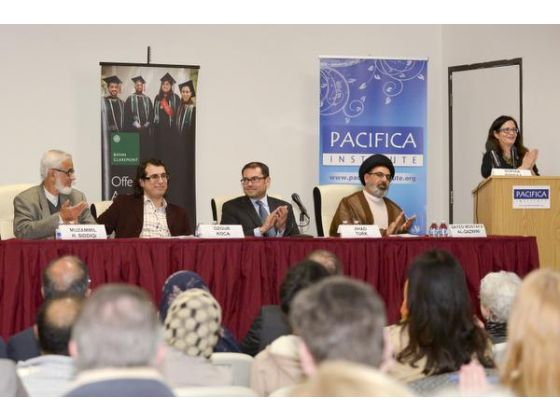 Muzammil Siddiqi, left, Ozgur Koca, Jihad Turk, Imam Sayed Mostafa al-Qazwini and Sophia Pandya participate in the “Muslim Voices Against Extremism” program at Pacifica Institute in Irvine.
/ VICTOR M. POSADAS, CONTRIBUTING PHOTOGRAPHER