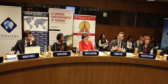 Panelists discuss the economic well-being and social status of women at a forum jointly held by DunyaDer and GYV at the United Nations in New York. (Photo: Cihan)