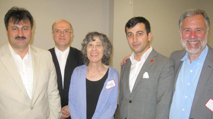 Among those at the interfaith dinner were Ibrahim Sayar, left, director of interfaith outreach at Peace Islands; the reed ney flute player, Yusuf Gurtas of Queensborough Community College; Peggy Kurtz, librarianat the Central Queens Y; Oguzhan Turan, executive director of the Turkish Cultural Center of Queens; and Walter Ruby, Muslim-Jewish program director at the Foundation for Ethnic Understanding.
 / PHOTO BY DAVID SCHNEIER