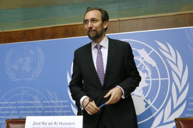 Jordan's Prince Zeid Ra'ad Zeid al-Hussein, U.N. High Commissioner for Human Rights gestures after a news conference at the United Nations European headquarters in Geneva October 16, 2014. REUTERS/Denis Balibouse