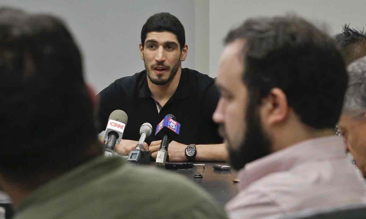 Thunder center Enes Kanter speaks about his detention at a Romanian airport at press conference on Monday in New York. Photograph: Bebeto Matthews/AP