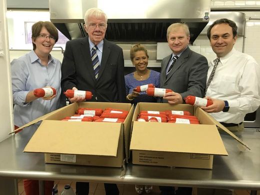 Peace Islands Institute, a 501(c)3 non-profit organization, donates meat to Toni's Kitchen in Montclair on Sept. 27. Pictured from left are: Ann Mernin, Director of Toni’s Kitchen, Montclair; Assemblyman Thomas P. Giblin; Lolita Cruz, Chief of Staff, Assembly Giblin; Ercan Tozan, Executive Director Peace Island Institute; Savan Metin, Program Analyst Embrace Relief  Lindsey Kelleher/NorthJersey.com
